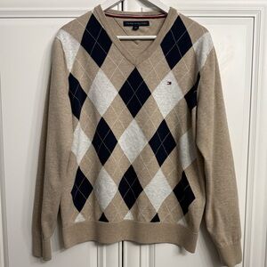 Tommy Hilfiger Men’s Size Large Navy Tan Grey Argyle V-Neck Long Sleeve Sweater